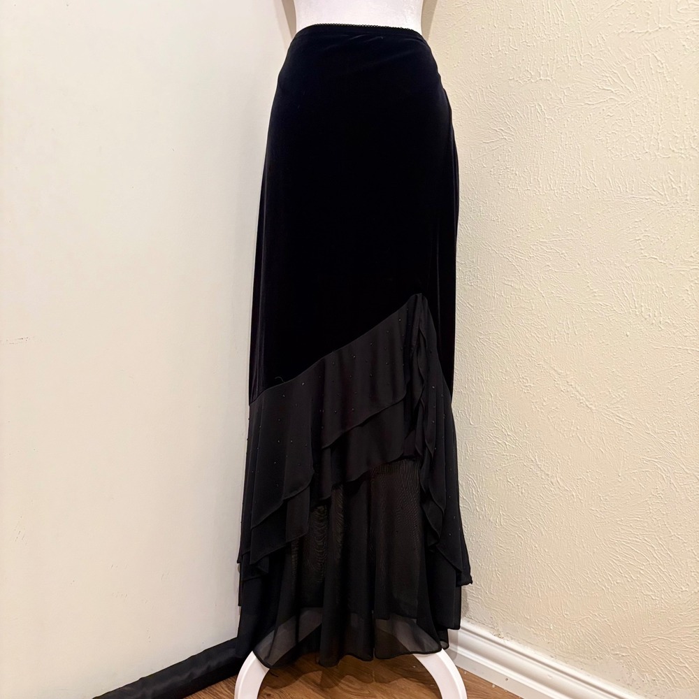 Black Velvet Sheer Ruffle Asymmetrical Maxi Skirt Vintage 90s Whimsigoth Goth L